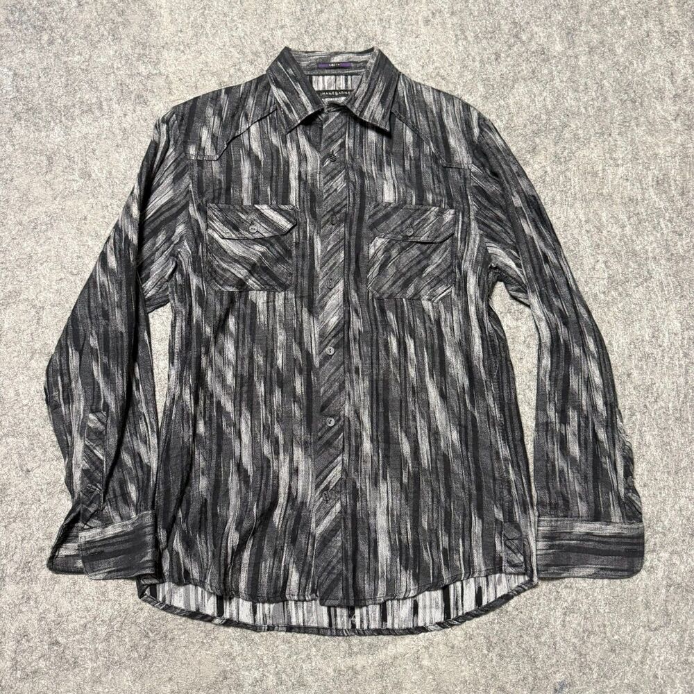 Vintage Jhane Barnes Shirt Wize M Black Grey Japan Tile Print Abstract Flannel